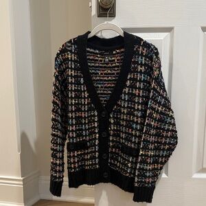 Aqua Multicolor Knit Cardigan with Black Trim